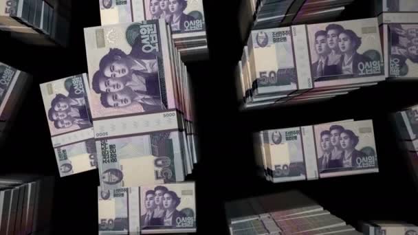 朝鲜赢得了钱袋循环 飞行通过Kpw钞票堆栈顶部视图 3D脆弱无缝动画 商业和金融的背景概念摘要 — 图库视频影像