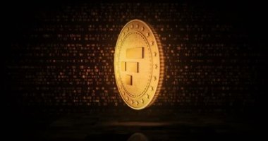 FTX NFT Bahamas, akrandan akrana, şifreli para platformu altın para çevrilebilir dijital arka planda. Üç boyutlu kusursuz döngü konsepti. Dönen altın metal döngüsü soyut animasyon.