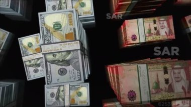 Amerikan Doları ve Suudi Arabistan Riyal para değişimi. Banknotlar tomar tomar. Ticaret, ekonomi, rekabet, kriz, bankacılık ve finans kavramı. Döngüsüz 3D notalar.