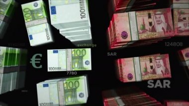 Euro ve Suudi Arabistan Riyal para değişimi. Kağıt banknotlar tomar tomar. Ticaret, ekonomi, rekabet, kriz, bankacılık ve finans kavramı. Döngüsüz 3D canlandırma notaları.