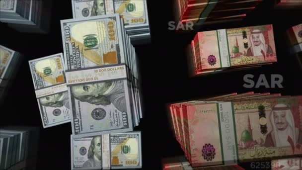 Amerykański Dolar Arabia Saudyjska Riyal Wymiany Pieniędzy Pakiet Banknotów Pojęcie — Wideo stockowe