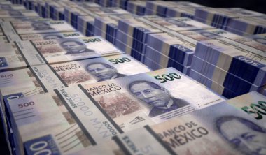 Mexico Pesos 'un para paketi 3D çizimler. MXN banknot desteleri. Maliye, nakit, ekonomi krizi, iş başarısı, durgunluk, banka, vergi ve borç kavramı.