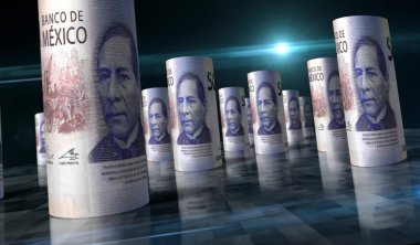 Mexico Pesos 'un üç boyutlu resmi. MXN banknot desteleri. Maliye, nakit, ekonomi krizi, iş başarısı, durgunluk, banka, vergi ve borç kavramı.