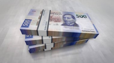 Mexico Pesos 'un para paketi 3D çizimler. MXN banknot desteleri. Maliye, nakit, ekonomi krizi, iş başarısı, durgunluk, banka, vergi ve borç kavramı.