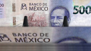 Mexico Pesos 'un para paketi 3D çizimler. MXN banknot desteleri. Maliye, nakit, ekonomi krizi, iş başarısı, durgunluk, banka, vergi ve borç kavramı.