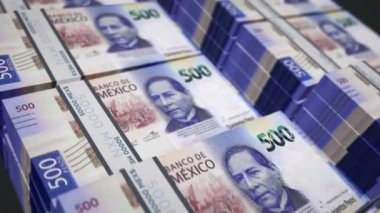 Mexico Pesos para paketi 3D animasyon. Döngüsüz finans, nakit, ekonomi, iş ve banka kavramı. Kamera 500 MXN banknot destesi üzerinde hareket ediyor.
