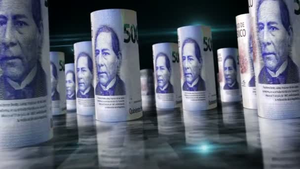 墨西哥比索滚动循环3D动画 钱在桌子上 关于经济 商业和衰退的无缝隙和易碎的抽象概念 Mxn滚动式钞票之间的相机 — 图库视频影像