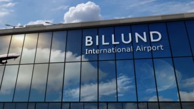 Danimarka, Billund 'a inen uçak animasyon yapıyor. Cam havaalanı terminali ve jet uçağının yansımasıyla şehre vardık. Seyahat, iş, turizm ve ulaşım kavramı.