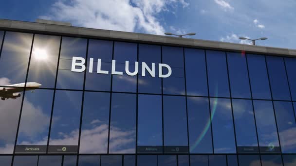 Lądowanie Samolotu Billund Dania Animacja Renderowania Przylot Miasta Szklanym Terminalem — Wideo stockowe