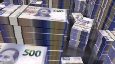 Meksika Pezosu para paketleri döngüsü. MXN banknotları üzerinde 3D uçuş kuleleri istifler. Döngüsüz, soyut iş dünyası, ekonomi krizi ve finans kavramı.