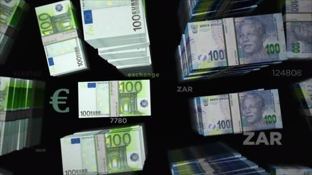 ユーロと南アフリカランドのお金の交換 紙幣パックバンドル 銀行と金融の概念 ノートループ可能なシームレス3Dアニメーション — ストック動画