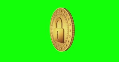 Siber güvenlik ve asma kilit sembollü güvenli ödeme yeşil ekran döngülü arka planda izole edilmiş altın sikke. Dönen altın metal döngüsü soyut kavram. 3B döngü kusursuz canlandırma.