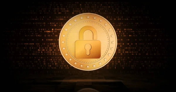 Cyber Security Protection Cryptocurrency Secure Payment Padlock Symbol Gold Coin — Stockfoto