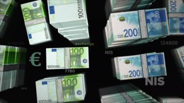 Euro and Israel Shekel money exchange. Paper banknotes pack bundle. Concept of trade, economy, competition, crisis, banking and finance. Notes loopable seamless 3d animation.