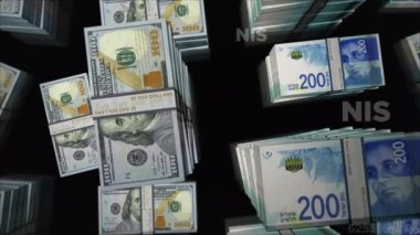 American Dollar ve Israel Shekel para değişimi. Banknotlar tomar tomar. Ticaret, ekonomi, rekabet, kriz, bankacılık ve finans kavramı. Döngüsüz 3D notalar.