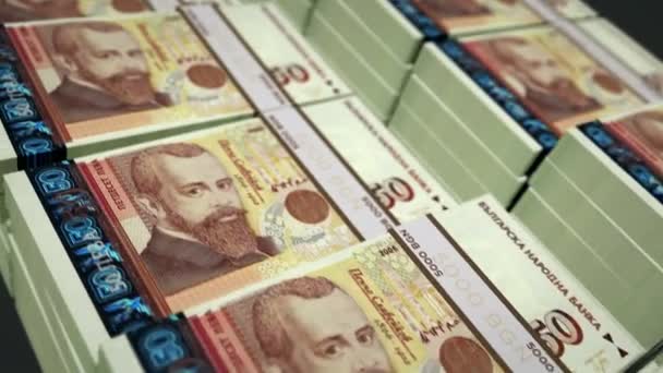 保加利亚Leva金钱包回圈3D动画 商业和银行的概念是可以接受的 相机在50个Bgn钞票捆堆栈上移动 — 图库视频影像