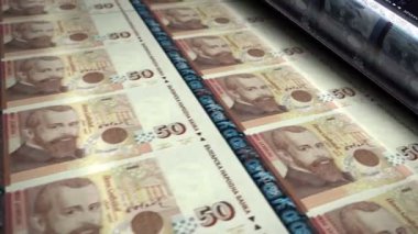 Bulgaria leva money banknotes printing roll machine loop. Paper BGN bank note print 3d looping seamless. Abstract concept of banking, debt, finance, economy and crisis.