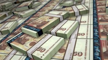 Bulgaria leva banknote bundle loop. BGN money stacks. Concept of business, economy, banking and finance. Camera over cash packs. Loopable seamless 3d animation.