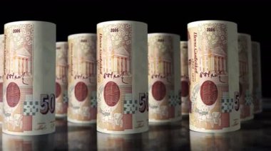 Bulgaria leva money rolls loop 3d animation. Camera moving in front of the BGN rolling banknotes. Seamless loopable concept of economy, finance, business and debt.