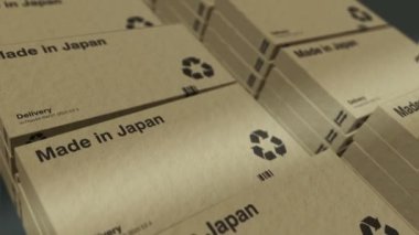 Made in Japan box production line. Manufacturing and delivery. Product factory and export. Abstract concept 3d rendering loopable seamless animation.