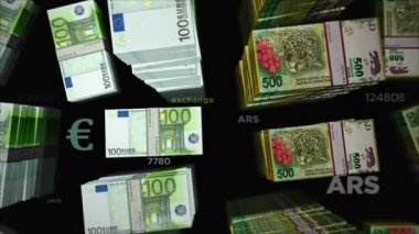 Euro and Argentina Peso money exchange. Paper banknotes pack bundle. Concept of trade, economy, competition, crisis, banking and finance. Notes loopable seamless 3d animation.