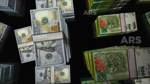 美元和阿根廷比索货币兑换 钞票包扎 银行和金融的概念 易漏洞无缝D — 图库视频影像