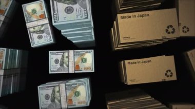 Made in Japan box line vs USA Dollar money bundle stacks. Export, trade, delivery, production, shipping, business and import from PRC. Abstract concept 3d loopable seamless animation.