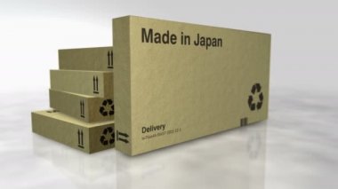 Made in Japan box production line. Manufacturing and delivery. Product factory and export. Abstract concept rendering animation. 3D view with the camera moving around.