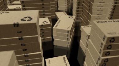 Made in Japan box production line. Manufacturing and delivery. Product factory and export. Abstract concept 3d rendering loopable seamless animation. Camera flying between stacks.