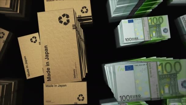 Fabricado Japón Línea Caja Euro Paquete Dinero Pilas Exportación Comercio — Vídeo de stock