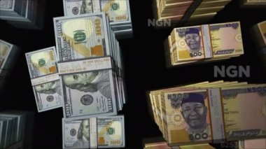 American Dollar and Nigeria Naira money exchange. Banknotes pack bundle. Concept of trade, economy, competition, crisis, banking and finance. Notes loopable seamless 3d.