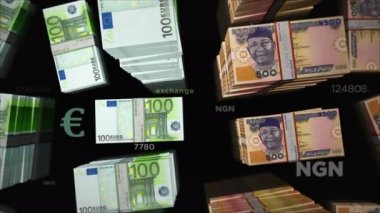 Euro and Nigeria Naira money exchange. Paper banknotes pack bundle. Concept of trade, economy, competition, crisis, banking and finance. Notes loopable seamless 3d animation.