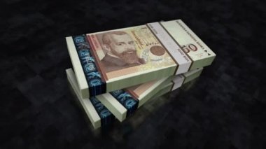 Bulgaria leva money pile pack. Concept background of economy, banking, business, crisis, recession, debt and finance. 50 BGN banknotes stacks 3d animation.