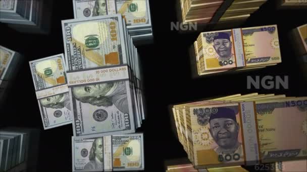 美元和尼日利亚奈拉货币兑换 钞票包扎 银行和金融的概念 易漏洞无缝D — 图库视频影像