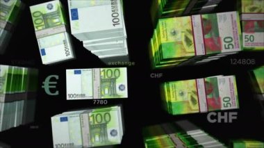 Euro and Swiss Francs money exchange. Paper banknotes pack bundle. Concept of trade, economy, competition, crisis, banking and finance in Switzerland. Notes loopable seamless 3d animation.