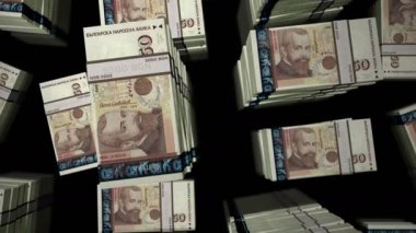 Bulgaria leva money pack loop. Flight over BGN banknotes stacks top view. 3d loopable seamless animation. Abstract background concept of economy, crisis, business and finance.