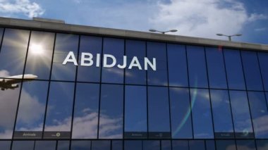 Abidjan, Fildişi Sahili 3D 'ye inen uçak animasyon yapıyor. Cam havaalanı terminali ve jet uçağının yansımasıyla şehre vardık. Seyahat, iş, turizm ve ulaşım kavramı.