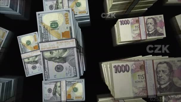 美元和捷克可鲁纳货币兑换 钞票包扎 银行和金融的概念 易漏洞无缝D — 图库视频影像