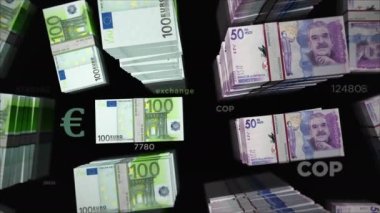 Euro ve Kolombiya Peso para değişimi. Kağıt banknotlar tomar tomar. Ticaret, ekonomi, rekabet, kriz, bankacılık ve finans kavramı. Döngüsüz 3D canlandırma notaları.