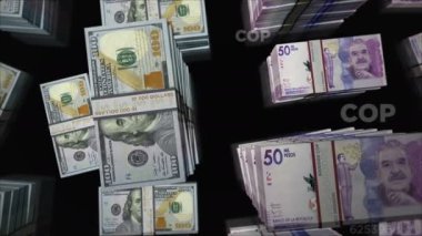 Amerikan Doları ve Kolombiya Pezosu para değişimi. Banknotlar tomar tomar. Ticaret, ekonomi, rekabet, kriz, bankacılık ve finans kavramı. Döngüsüz 3D notalar.