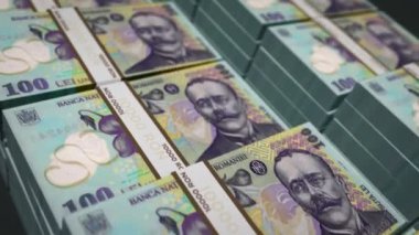 Romen Lei para paketi 3D animasyon döngüsü. Romanya 'da kusursuz finans, nakit, ekonomi, iş ve banka kavramı. Kamera 100 RON banknot destesi üzerinde hareket ediyor.
