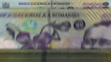 Romen Lei para sayma makinesi ve banknotlar. Hızlı RON para birimleri rotasyonu. Romanya 'da iş ve ekonomi kavramı döngüye girebilir ve sorunsuz bir altyapıya sahip.