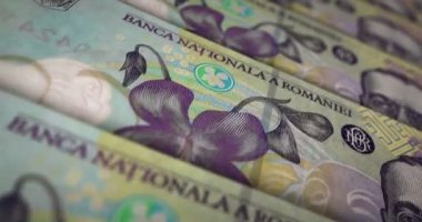 Romen Lei banknot döngüsü. RON para dokusu. Romanya 'da ekonomi, ticaret, kriz, bankacılık, durgunluk, borç ve finans kavramı. Notayı kaydırıyorum. Döngüsüz 3D canlandırma.
