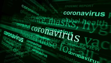 Uluslararası medyada Coronavirus covid salgın krizi ile ilgili manşet haberleri. Gürültü ekranlarında yayınlanan haber başlıklarının soyut konsepti. TV arızası etkisi 3d illüstrasyon.