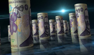 Rumen Lei 'nin parası 3D illüstrasyon yapıyor. RON banknotları yuvarladı. Romanya 'da finans, nakit, ekonomi krizi, iş başarısı, durgunluk, banka, vergi ve borç kavramı.