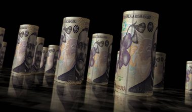 Rumen Lei 'nin parası 3D illüstrasyon yapıyor. RON banknotları yuvarladı. Romanya 'da finans, nakit, ekonomi krizi, iş başarısı, durgunluk, banka, vergi ve borç kavramı.