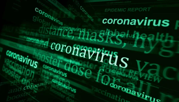 Uluslararası medyada Coronavirus covid salgın krizi ile ilgili manşet haberleri. Gürültü ekranlarında yayınlanan haber başlıklarının soyut konsepti. TV arızası etkisi 3d illüstrasyon.
