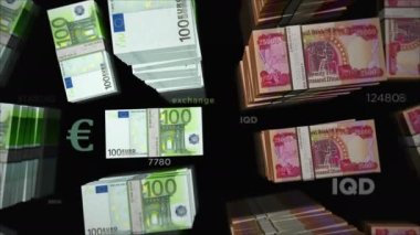 Euro ve Irak Dinar para değişimi. Kağıt banknotlar tomar tomar. Ticaret, ekonomi, rekabet, kriz, bankacılık ve finans kavramı. Döngüsüz 3D canlandırma notaları.