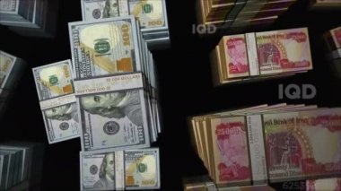 Amerikan Doları ve Irak Dinarı para değişimi. Banknotlar tomar tomar. Ticaret, ekonomi, rekabet, kriz, bankacılık ve finans kavramı. Döngüsüz 3D notalar.