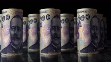 Romen Lei para ruloları 3D döngü animasyonu. Kamera RON 'un önünde hareket ediyor. Romanya 'da ekonomi, finans, iş ve borç gibi kusursuz döngüler.
